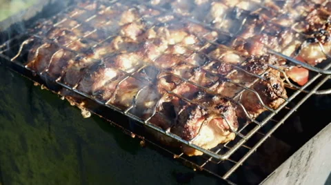 Skewer meat frying Stock Footage 63433337