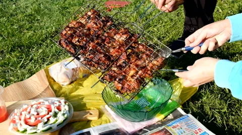 Skewer meat frying Stock Footage 63433592