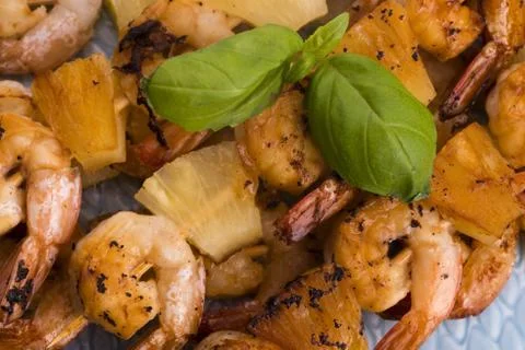 Skewer shrimp with pineapple Stock Photos