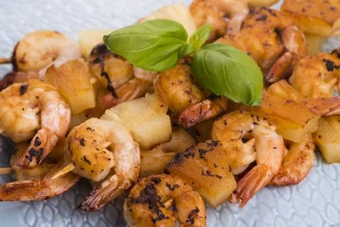 Skewer shrimp with pineapple Stock Photos