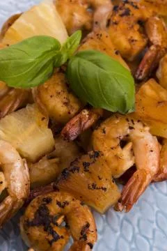 Skewer shrimp with pineapple Stock Photos