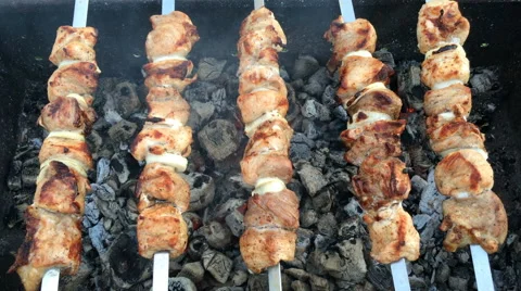 Skewered marinated raw red meat Stock Footage 68496573
