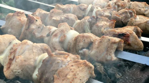 Skewered marinated raw red meat Stock Footage 68743564