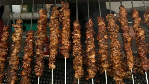 Skewered meat being grilled. Stock Footage 195176540