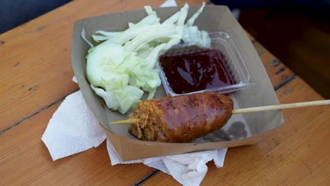 Skewered Meat with Fresh Cabbage Stock Footage 266701372