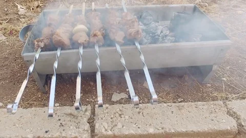 Skewers of lamb. Barbecue. Stock Footage 77119260
