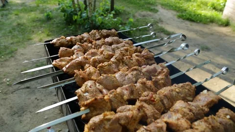 Skewers with smoke outdoor Stock Footage