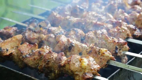 Skewers with smoke at a picnic Stock Footage