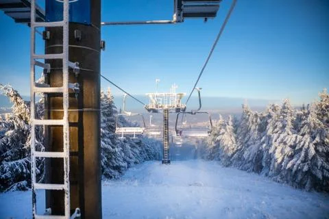 Ski areal Jested in sunny winter day in mountain, Liberec, Czech Republic Stock Photos