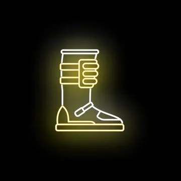 Ski boot silhouette glowing neon yellow white line art Stock Illustration