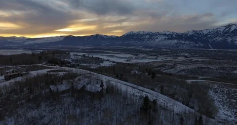 Ski Chalet Home Aerial at Sunset Luxury Real Estate Resort Mountain 4KArea  Stock Footage 87224341