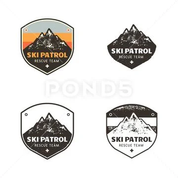 Ski Club, Patrol Labels. Vintage hand drawn mountain winter camp explorer badges Stock Illustration