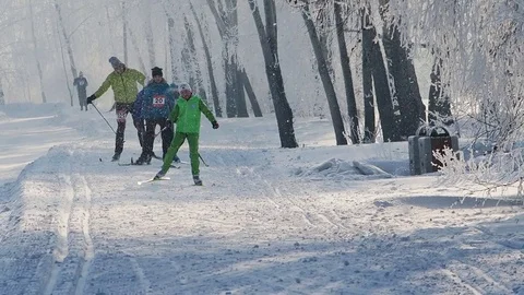 Ski competition in winter park slow motion Stock Footage 85392666