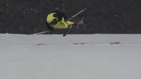 Ski competitor in fluro yellow. Stock Footage 81882436