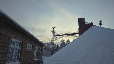 Ski elevator in winter forest at sunset Video stock 243602566