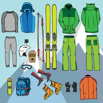 Ski equipment in vector, ski kit infographic set, ski vector doo Stock Illustration