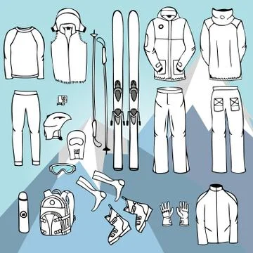Ski equipment in vector, ski kit infographic set, ski vector doo Stock Illustration