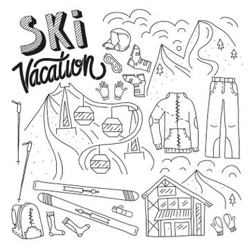 Ski equipment in vector, ski kit infographic set, ski vector doodle, hand drawn Stock Illustration
