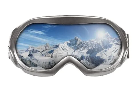 Ski goggles with reflection of mountains isolated on white Stock Illustration