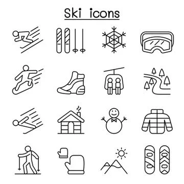Ski icons set in thin line style Illustrazione stock