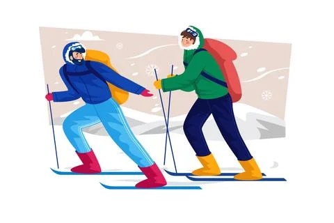 Ski instructor teaching beginners how to ski on a holiday. Stock Illustration