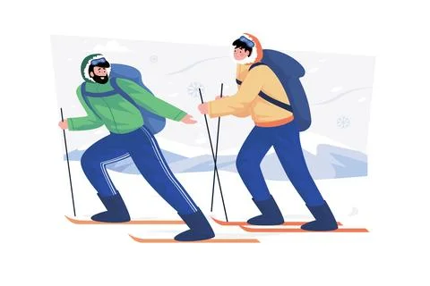 Ski instructor teaching beginners to ski. Stock Illustration