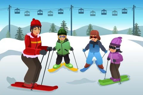 Ski Instructor Teaching Children Stock Illustration