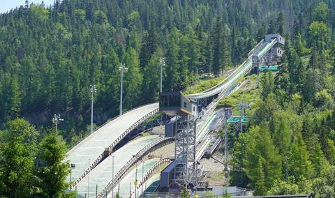 Ski jumping hill complex Stock Photos