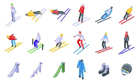 Ski jumping icons set isometric vector. Action jump Stock Illustration