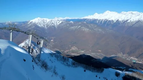 Ski lift and mountain range aerial view 스톡 동영상 84877643