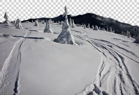 Ski marks on steep snow slope isolated PNG photo with transparent background Foto stock