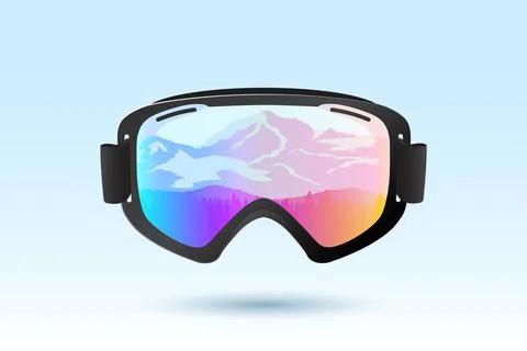 Ski or snowboard goggles with reflection of mountains. Illustration. 스톡 일러스트