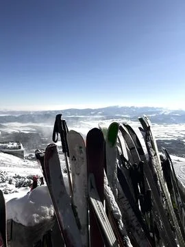 Ski parking on the observation deck of the upper lift station Stock Photos