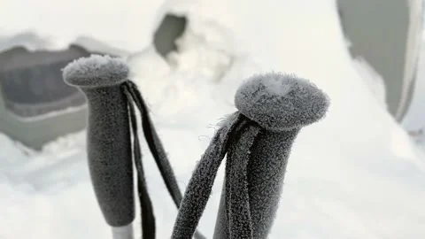 Ski poles are in the wind. View of the top of ski poles covered with frost 스톡 동영상 179354756