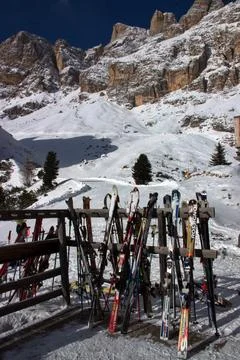 Ski racks with mountains in the background. Stock Photos