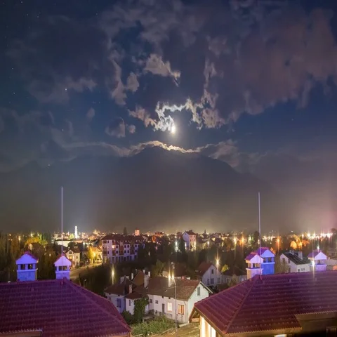 The ski resort on the background of a beautiful mountain. Wide angle. Time lapse Stock Footage 69495904