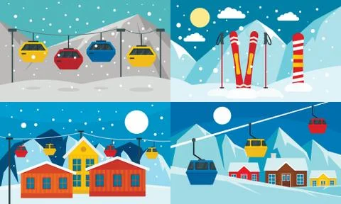 Ski resort banner set, flat style Ilustração Stock