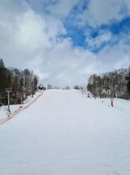 Ski resort in beautiful winter day. ski tracks, pine tree forest and mountain Stock Photos