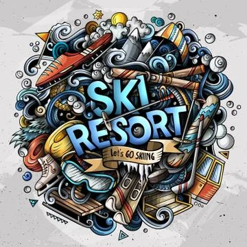 Ski Resort hand drawn cartoon doodles illustration. Illustrazione stock