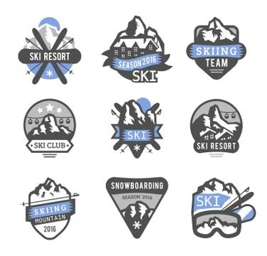Ski resort logo emblems, labels badges vector elements Stock Illustration