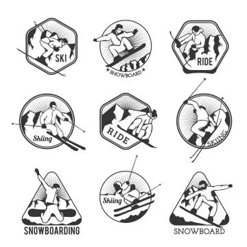Ski resort logo emblems, labels badges vector elements Illustrazione stock