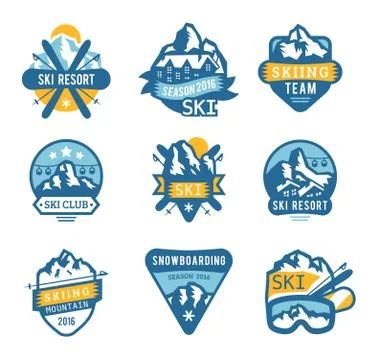 Ski resort logo emblems, labels badges vector elements Illustrazione stock