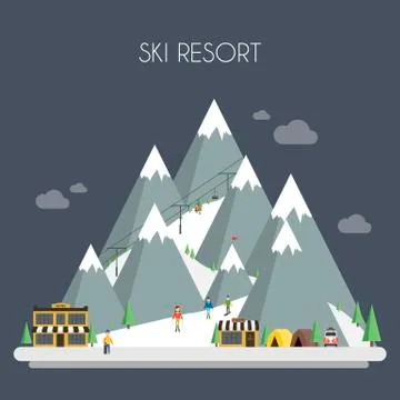 Ski Resort. Mountain landscapes. Vector flat 库存插图