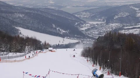 Ski resort in the mountains Stock Footage 258793870