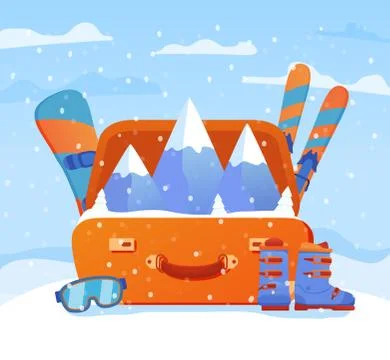 Ski resort. Open suitcase with ski equipment. Skis and poles,snowboards, boot Stock Illustration