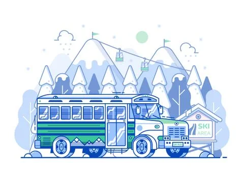 Ski Resort Shuttle Bus Winter Line Scene Stock Illustration