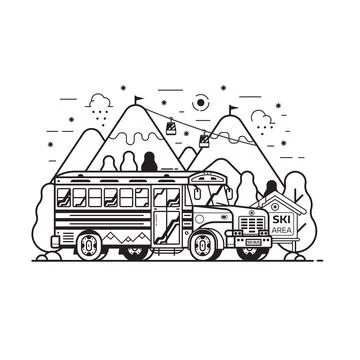 Ski Resort Shuttle Bus Winter Line Art Scene Stock Illustration