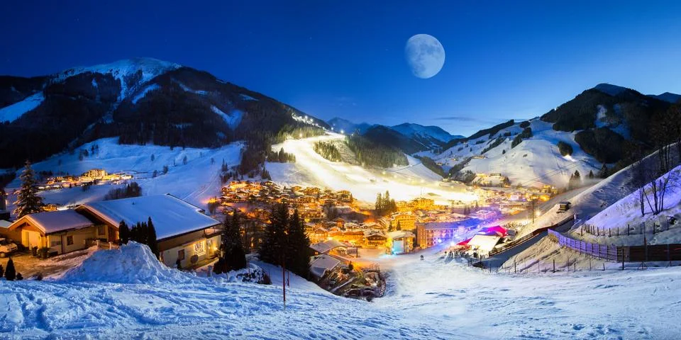 Ski resort village panorama alpine mountains landscape Stock Photos