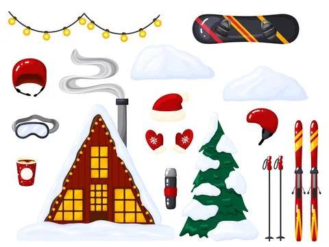 Ski Resort Winter Elements Set Cartoon Vector Clipart Illustrazione stock