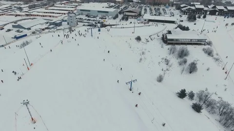 Ski resort in the winter season. Aerial view. Stock Footage